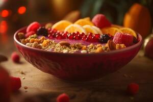 vistoso Fruta y Granola cuenco en un de madera cuenco ai generado foto