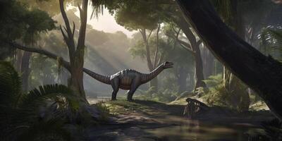 itinerancia el prehistórico salvajes realista ilustración de suchomimus en sus antiguo habitat ai generado foto