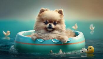 Cute Pomeranian Dog Floating in a Pool with a Swim Ring in Summertime photo