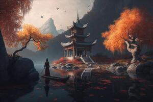vistoso otoño pagoda templo en encantador alrededores ai generado foto