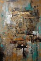Urban Rhapsody A Dynamic Fusion of Grungy Patchwork and Eclectic Collage in Vibrant Turquoise and Sepia Tones photo