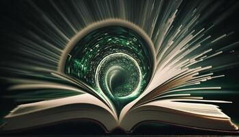 Pages Unbound A Portal to Another Dimension Revealed Through Flying Book Pages photo