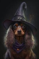 A dog dressed as a witch for Halloween. Funny content. photo