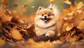 Cute Pomeranian Dog Playing in a Pile of Autumn Leaves photo