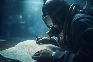 Diver studying underwater map for exploration photo