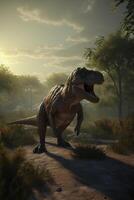 King of the Prehistoric Realm Realistic Illustration of Tyrannosaurus Rex in its Ancient Habitat photo