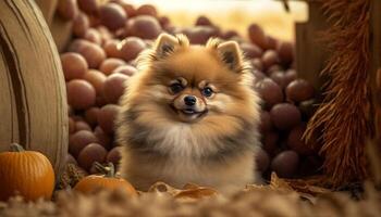 otoño celebracion adorable pomeranio perro entre calabazas y cosecha decoraciones ai generado foto