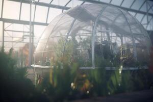 flotante verdor un autosuficiente jardín en el nave espacial ai generado foto