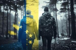 Freedom in the Woods Ukrainian Couple with Flag Walking Hand in Hand photo