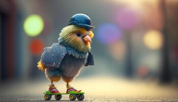 Cool chicken cruising on rollerblades through the city photo