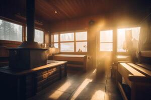 temprano Mañana sauna en Nevado montaña Hostal con iluminado por el sol ventanas y amanecer ai generado foto