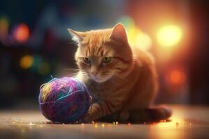 Playful Cat with Colorful Wool Balls photo