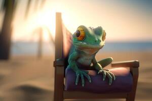 Chillaxin' Cham A Photorealistic Cartoon Chameleon Relaxing in a Beach Bar Lounger photo