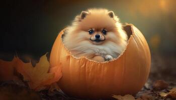 Pomeranian Pup Perched in a Picked, Pockmarked Pumpkin photo