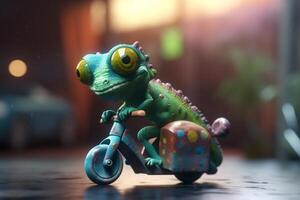 Zippy Chameleon on a Moped Speeding Through a Blurred World photo