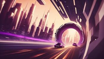 Warping Through the Future High-Speed Highway in a Futuristic City photo