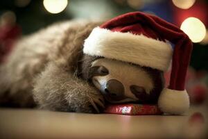 cansado y agotado perezoso duerme con Papa Noel sombrero Entre regalos a Navidad ai generado foto