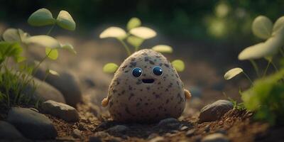 Cheerful Potato with Eyes on a Potato Field, AIIllustration photo