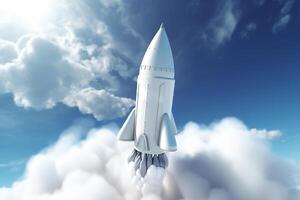 White Rocket Model Flying Through Cloudy Blue Skies as a Symbol of Startup Success and Innovation photo