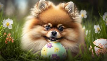 Pomeranian Pooch Finds Festive Easter Eggs in the Flowery Field photo