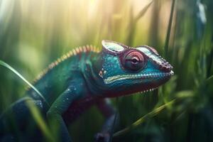 Camouflaged Chameleon Relaxing in Green Grass photo