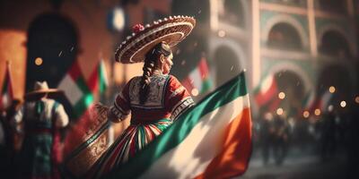 vistoso fiesta en el calles de mexico - celebrando cinco Delaware mayonesa con un mexicano sombrero y bandera ai generado foto