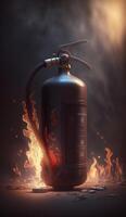 Fire Extinguisher with Flames in Background - Fighting Fire with Essential Safety Equipment photo