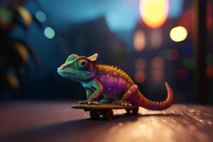 Skating through the city A cool photorealistic cartoon chameleon on a skateboard photo