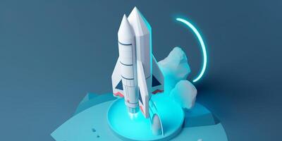 Symbolic 3D Rendering of White Rocket Model against Blue Background for Startup Concepts photo