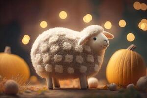 Adorable Little Sheep with Pumpkin in a Fall Field photo