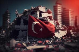 Turkish Flag amidst earthquake rubble - Symbol of Resilience and Unity photo