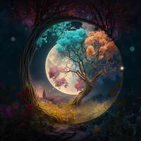 Illustration fantasy fairy tale tree landscape with moon in the evening content photo