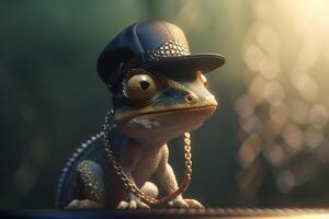 The Gangsta Chameleon With a Cap and Gold Chains photo