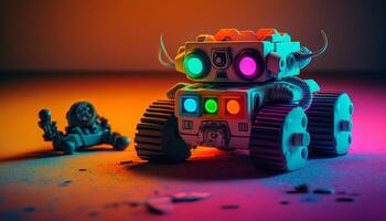 robo divertido Años 80 juguete robot en color neón piso ai generado foto