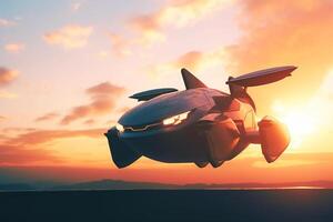 Flying Car Futuristic AI-Powered Vehicle Soaring at Sunset photo