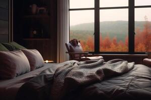 Morning View from Modern Wooden Cabin Hotel Room Overlooking Forested Mountains photo