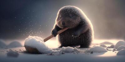 A cute and sad mole shovels snow in the winter with a bright red shovel photo