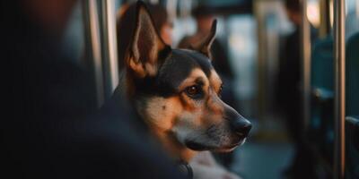 paciente perro en público tránsito un perro en su del propietario regazo en un ocupado tranvía ai generado foto