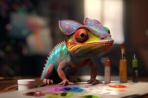 The Colorful Chameleon A Creative Artist in His Studio Surrounded by Paints and Canvases photo