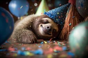 Exhausted tired sloth fell asleep at a party with party hat and confetti photo