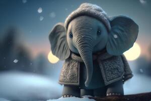 Adorable Little Elephant Playing in the Snow with Hat, Coat, and Scarf photo