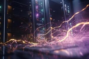 Fiber Optic Wires with LED Lights in Server Rack photo