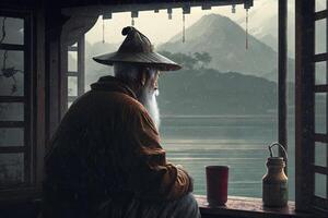 Reflections of Serenity An Elderly Chinese Man Contemplating by the Lake in a Tea House photo