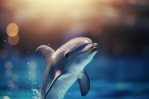 agraciado salto un delfín saltando fuera de el agua en un chapoteo de azul ai generado foto