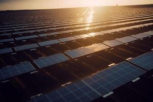 Capturing the Power of the Sun Aerial View of Solar Farm with Glinting Reflections photo