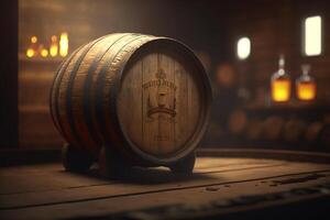 Warmly Lit Cellar with Whiskey Barrel, Rustic Charm photo