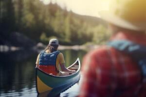 Exploring the Outdoors Group Hiking and Camping by the River with Backpacks photo