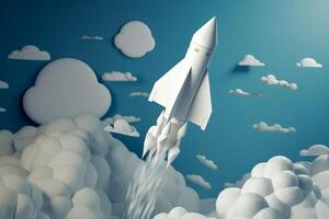 White Rocket Model Flying Through Cloudy Blue Skies as a Symbol of Startup Success and Innovation photo