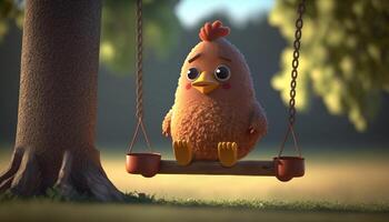 Chirpy Chick Swinging on a Wooden Swing under the Shade of a Tree photo