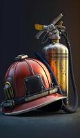 Fire Extinguisher and Firefighter Helmet with Flames in Background - Essential Safety Gear in Action photo